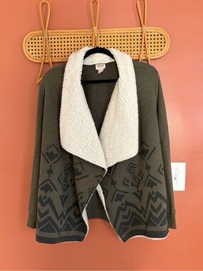 Mossimo Supply Co. Olive Green Cardigan with White Sherpa Collar